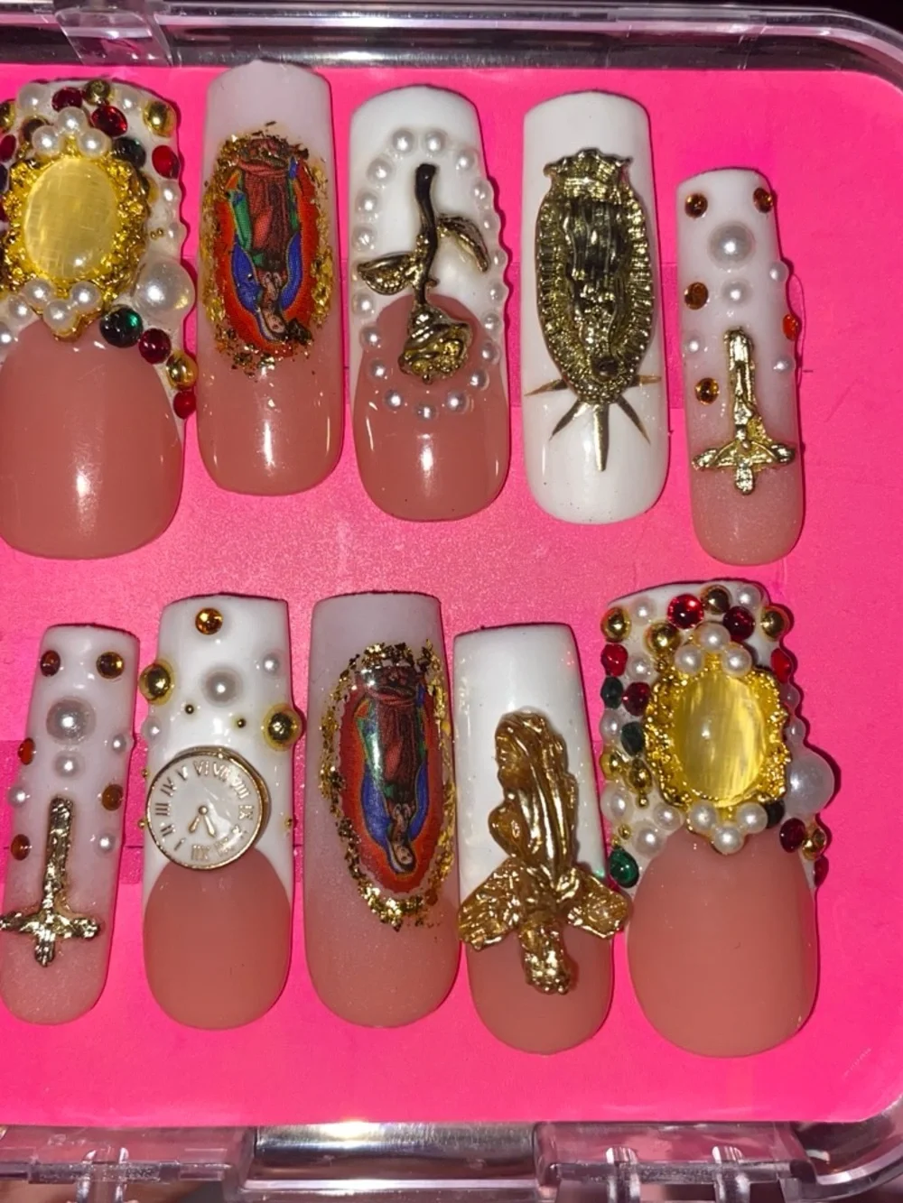 Size medium Luxury Gold Embellished White & Nude Press-On Nail Set
